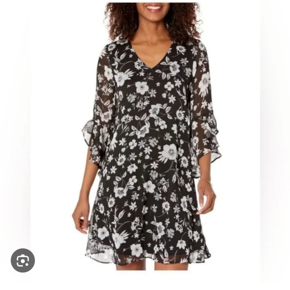 Calvin Klein Floral Long Ruffle Bell Sleeve Chiffon Dress With Lining NWT - Picture 1 of 12